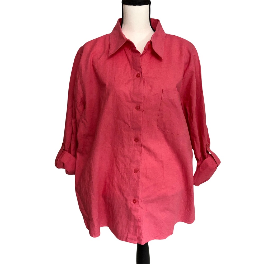 Liz Baker wBubblegum Pink Linen Blend Button Down Blouse - Size‎ Women's 1X